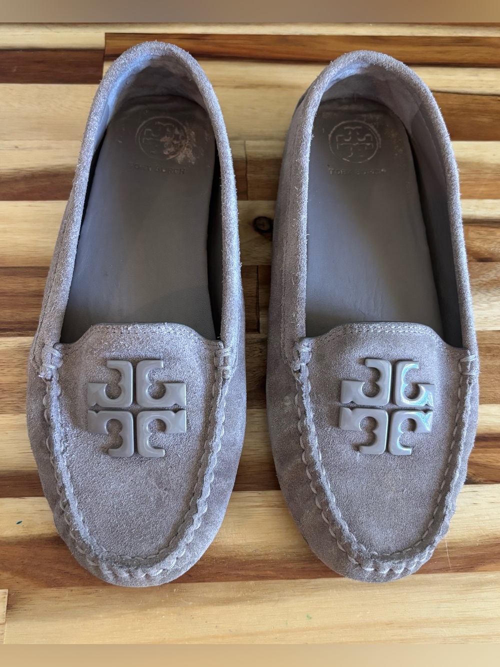Tory Burch Light Taupe Suede Logo Driving Loafers